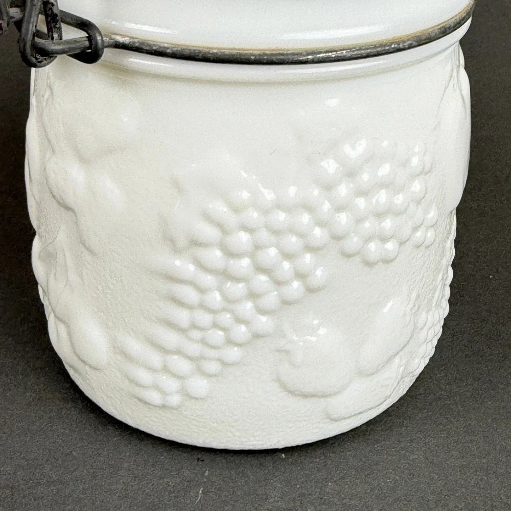 Vintage White Milk Glass 1/2L Canister Jar Clamp Bail Lid Grape Fruit Pattern